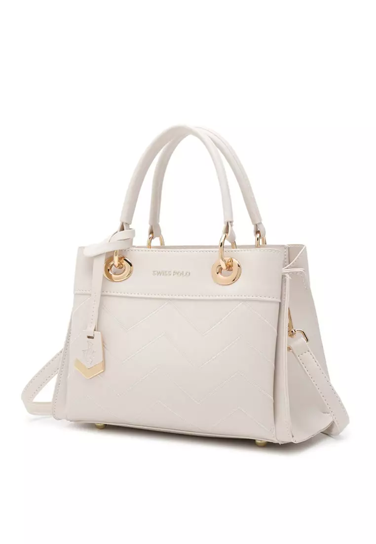 Women's Zig Zag Quilted Top Handle Bag / Crossbody Bag / Shoulder Bag - White