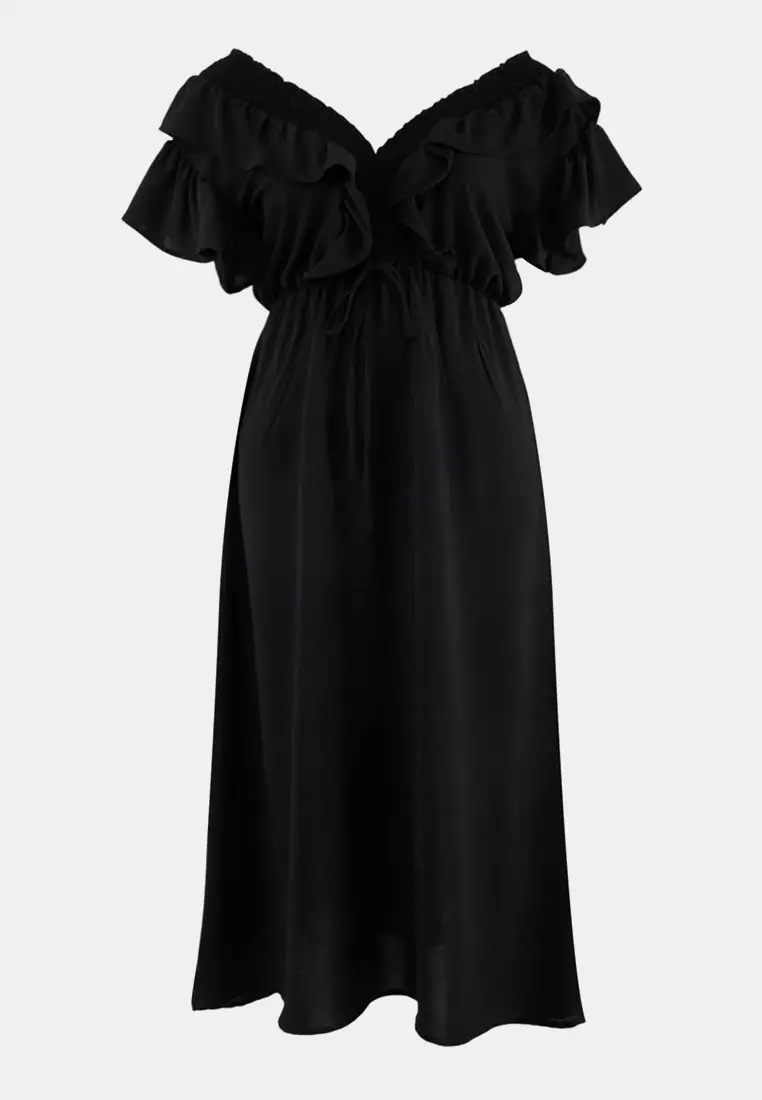 Black Plain A-Line Ruffled Midi Summer Woven Plus Size Dress Tbbss26Ah00034
