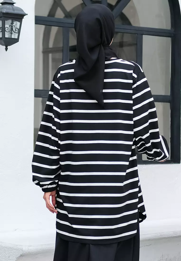 JV Hasanah Baju Kurung Oval Big Stripe Black | Atasan Baju Kurung Oval Salur Besar Kaos Adem