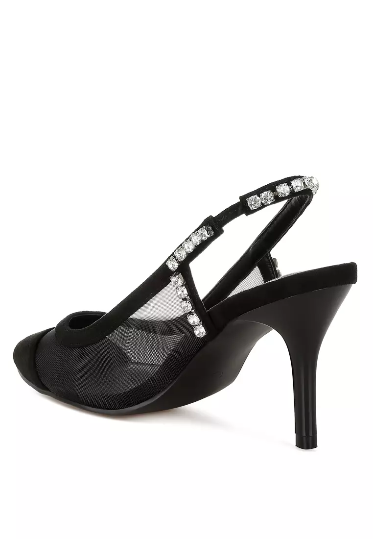 Sandal Slingback Tumit Stiletto Warna Hitam