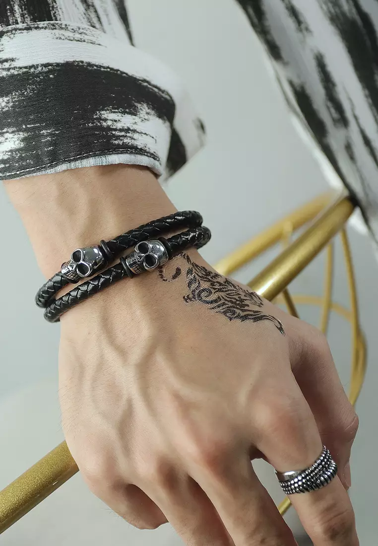 Mens leather clearance skull bracelet