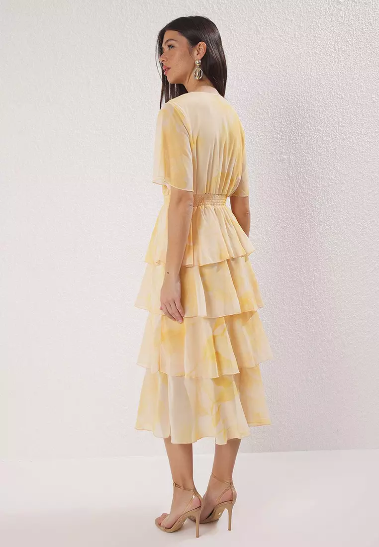 Yellow Floral Skirt Waist Opening Midi Woven Dress Twoss25El00451