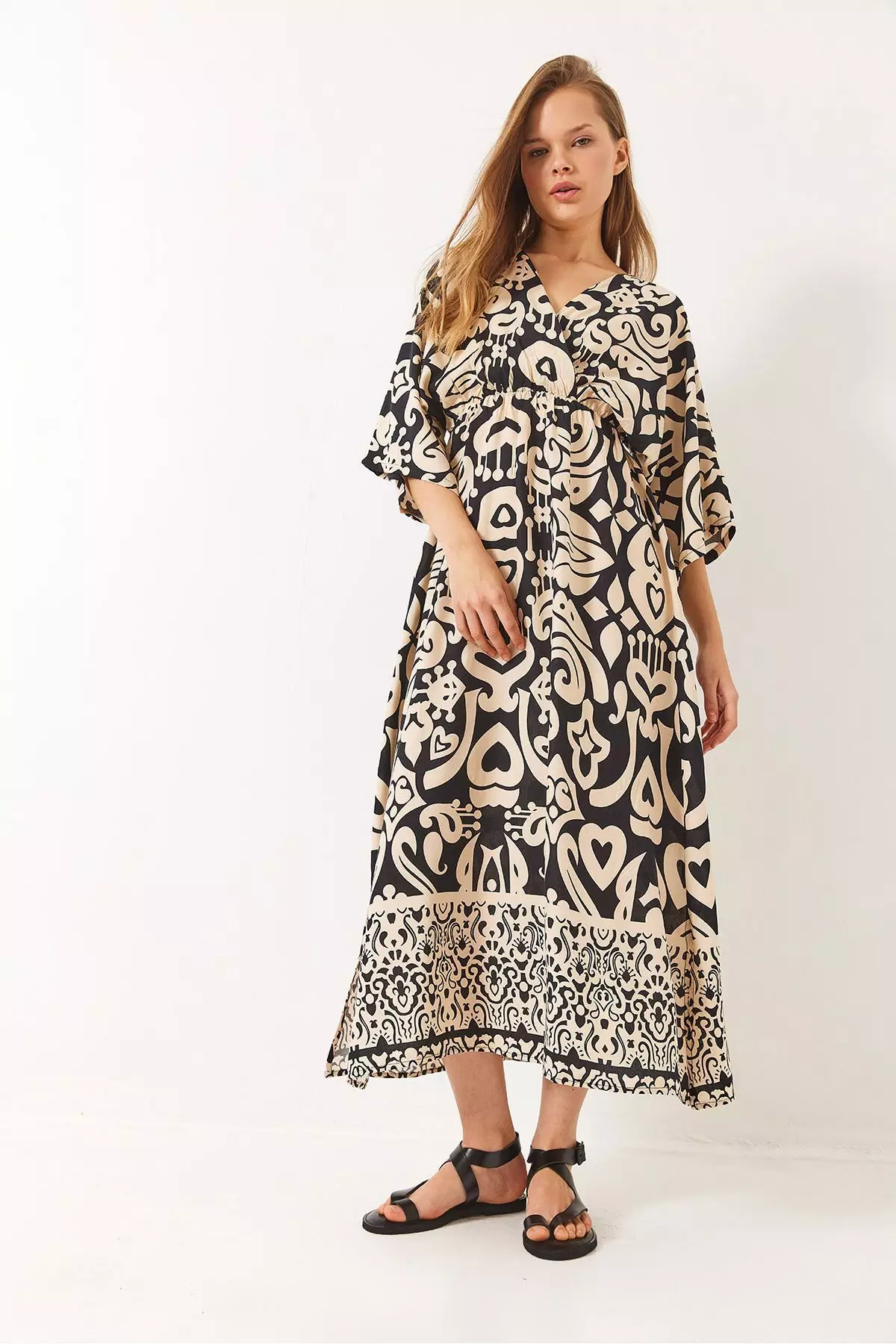 Women's Double Breasted Collar Patterned Slit Detail Woven Viscose Dress 60284018