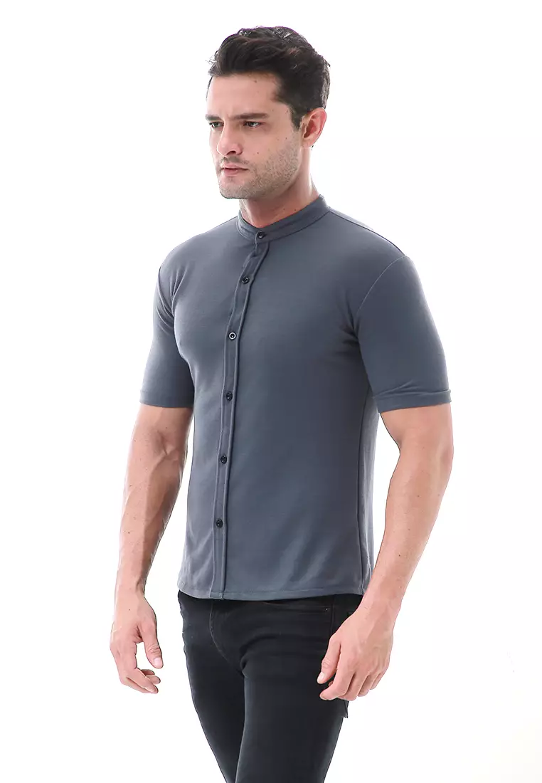 Leopold Atasan Pria Kemeja Kasual Slim Fit Lengan Pendek Motif Polos Material Cotton ORIGINAL - Gray