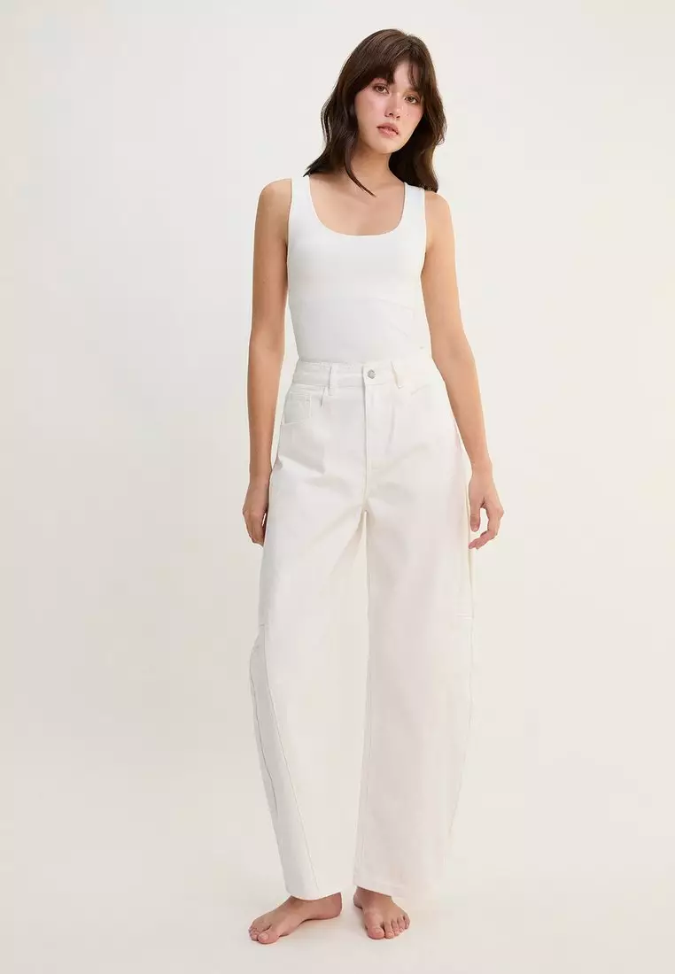 High Waist Wide Leg Denim Pants - White