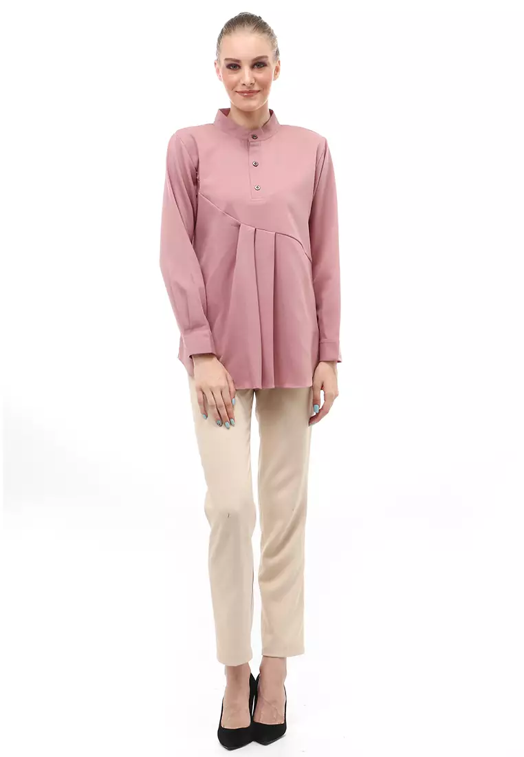 Blouse Atasan Wanita Motif Polos Design Simple Front Button Opening Regular Fit - Dove