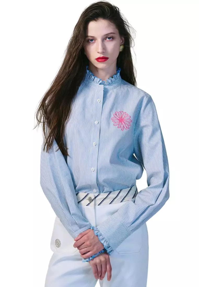 Shirt Frill Collar Stripe Sky Pink