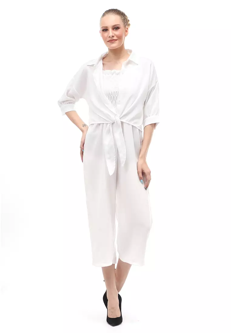 Jumpsuit Wanita Casual Motif Solid Setelan Relaxed Fit - Putih
