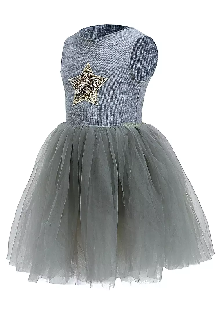 Bianca Dress Anak Perempuan Motif Bintang Gaun Desain Payet Sleeveless Material Cotton ORIGINAL - Gray
