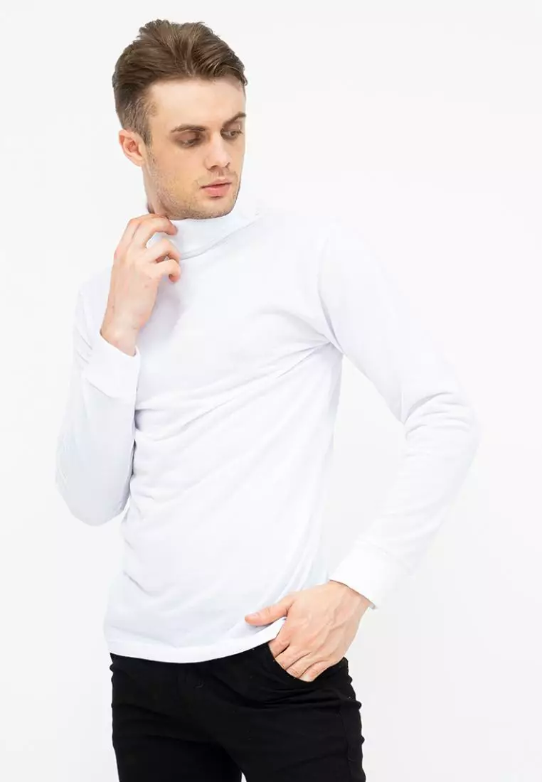 Turtle Neck pria lengan panjang putih kaos kerah tinggi slim fit houseofcuff
