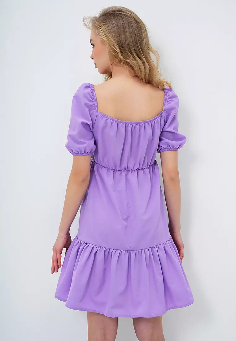 Women's Lilac Square Neck Balloon Sleeve Poplin Mini Dress Alc-X13594
