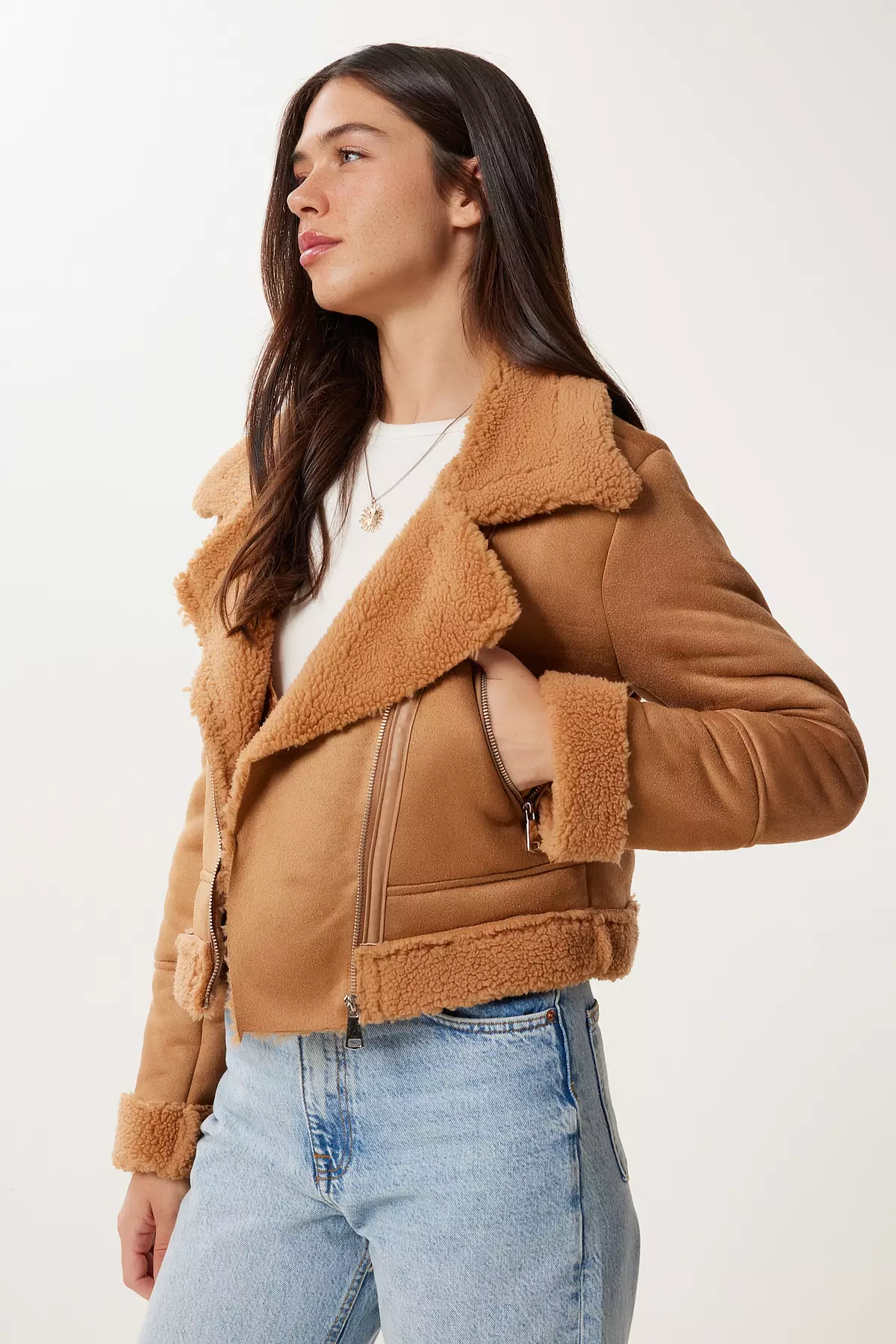 Women's Camel Faux Fur Nubuck Jacket Dd01371