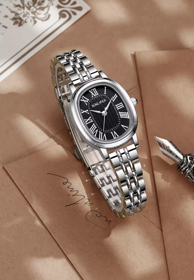 Jam Tangan Wanita Analog Original Korean Tali Rantai Oval Stanless Anti Air Jam Tangan Cewek silverblack