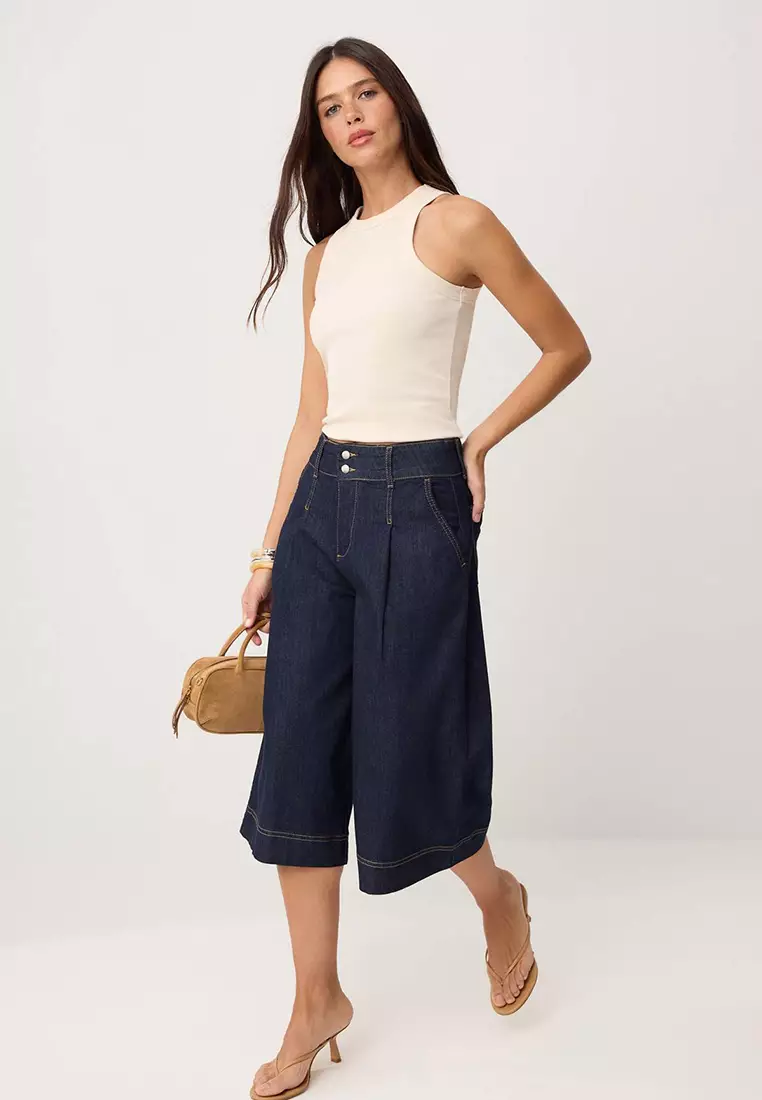 Dark Blue High Waist Wide Leg Capri Jeans Twoss26Je38