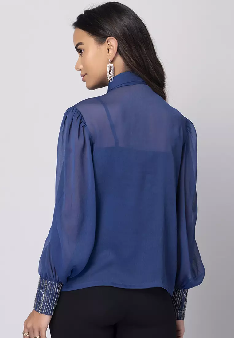 Blue Embellished Bow Collar Shirt