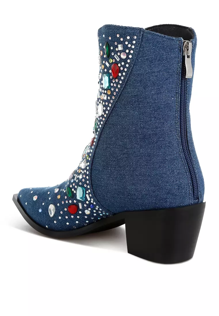 Multi Color Stones Embellished Boots in Dark Blue