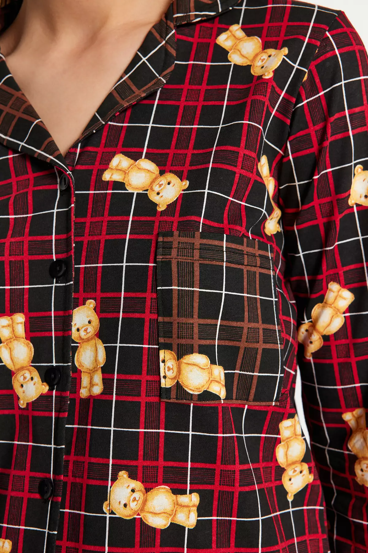 Multicolor 100% Cotton Teddy Bear Plaid Shirt-Pants Knitted Pajama Set