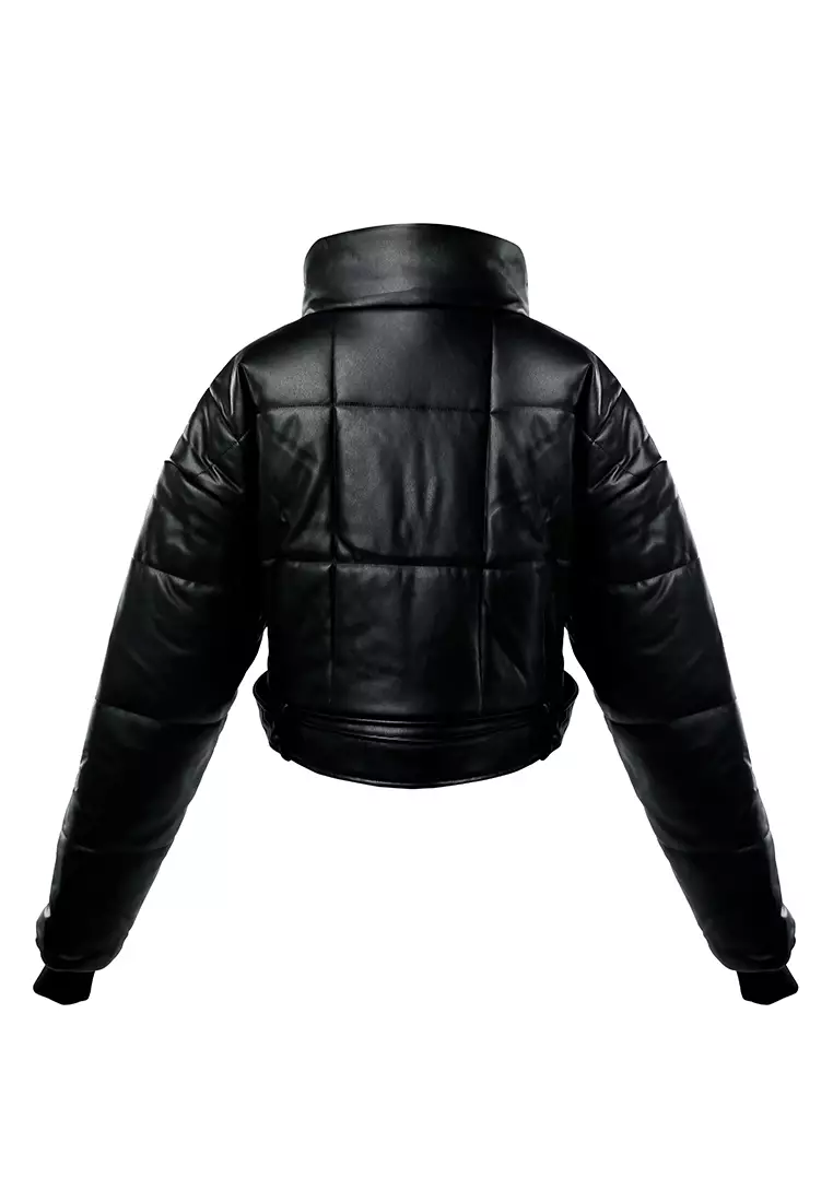 Black Cropped Belted Puffer Jacket