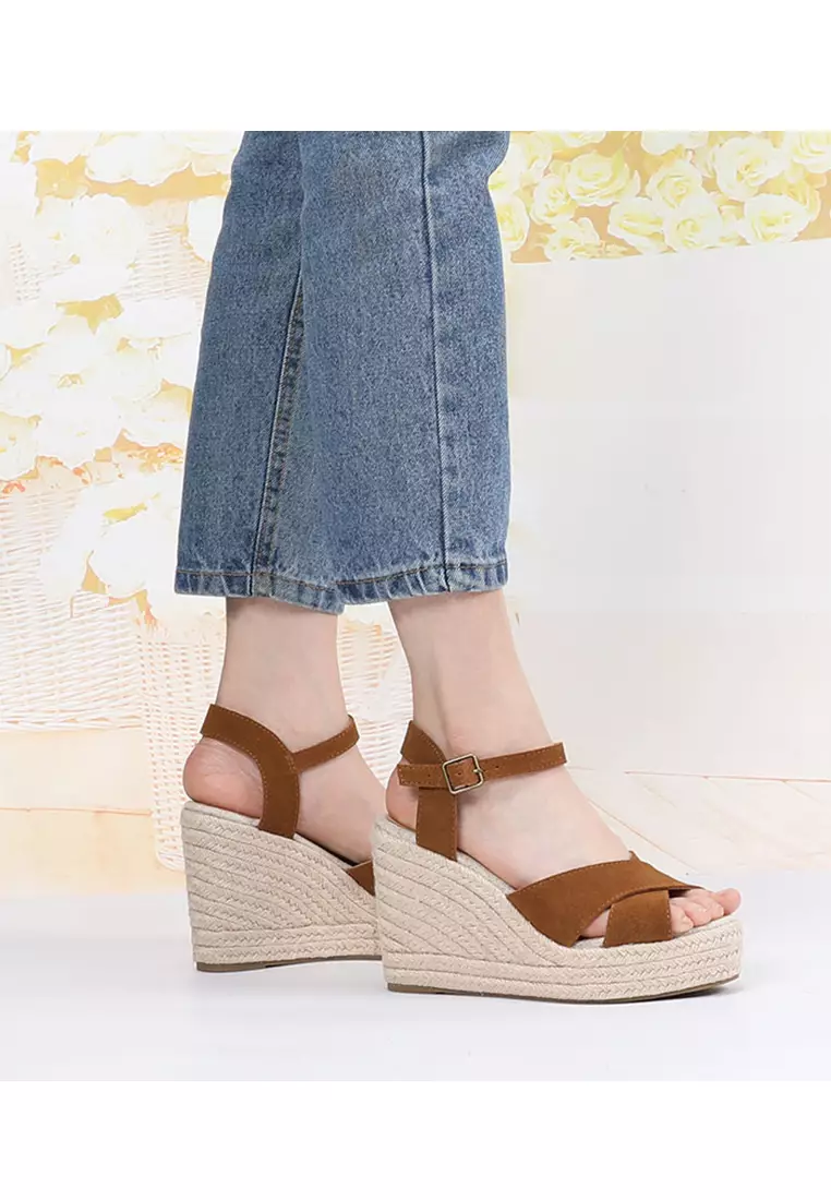 11CM Cow Suede Cross Strap Wedge Sandals HB2024128648