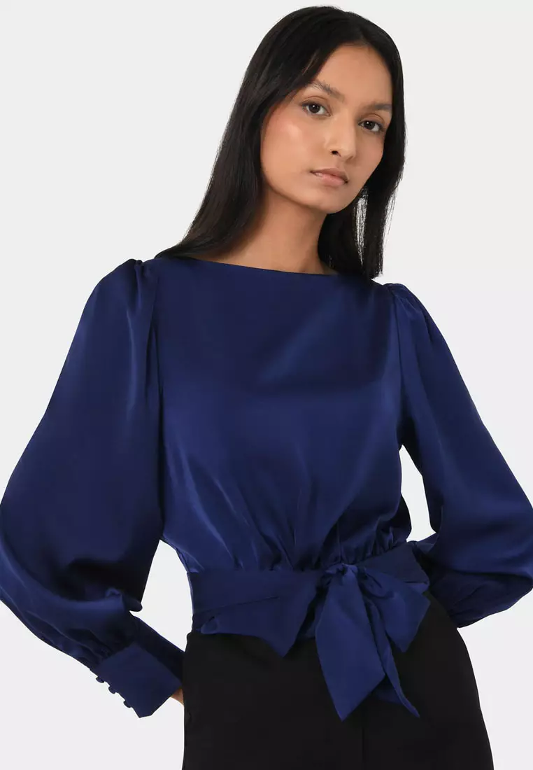 Lorinda Tie Waist Satin Blouse