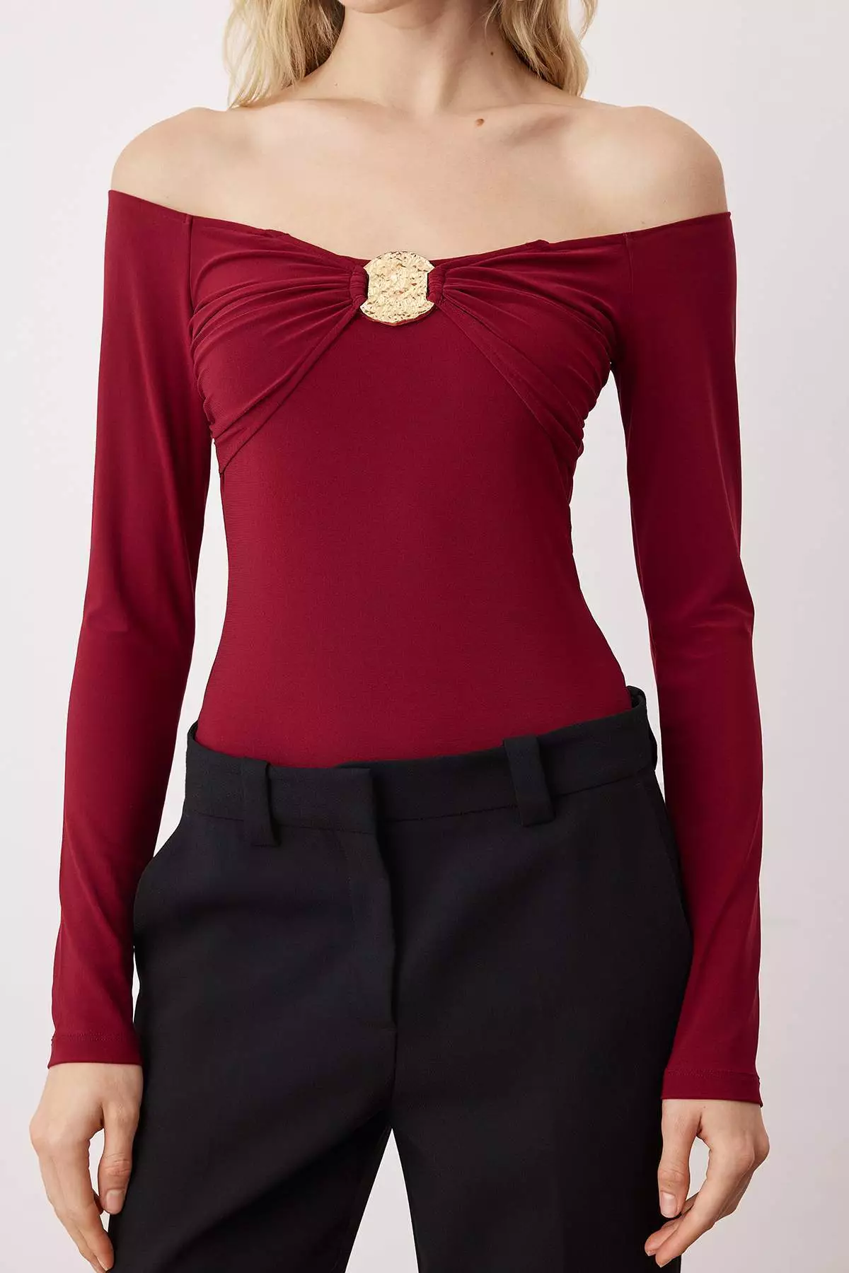 Claret Red Plain Carmen Collar Long Knitted Sandy Bodysuit