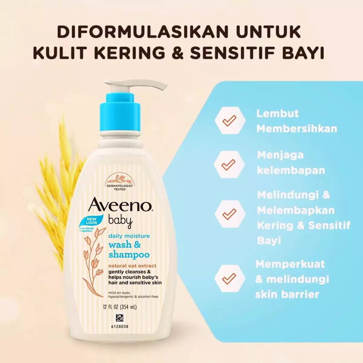 Aveeno® Baby Daily Moisture Wash & Shampoo 354ml - Sabun & Sampo Bayi 354ml