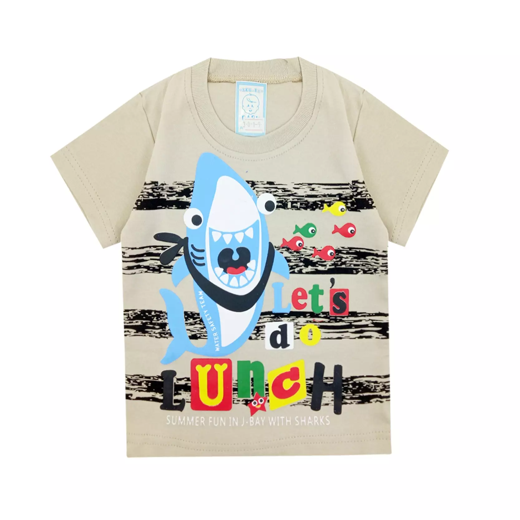 Wakakids Baju Bayi Anak Laki Laki Lengan Pendek Usia 6 Bulan Hingga 12 Bulan Setelan Celana Jeans Motif Shark 3019 Cream