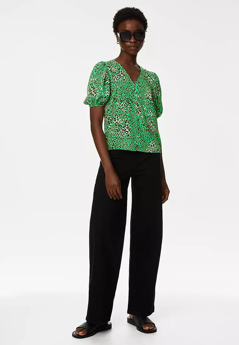 Printed V-Neck Puff Sleeve Blouse