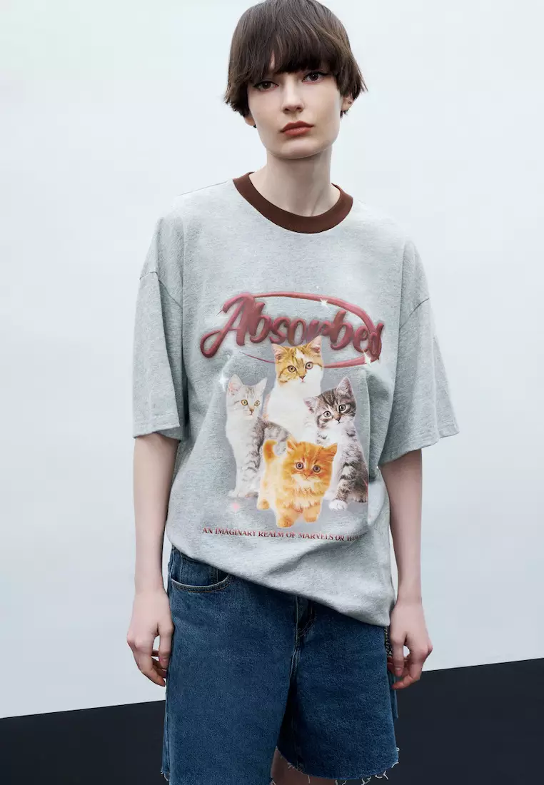 Buy URBAN REVIVO Cat Printed Crew Neck T-Shirt 2024 Online