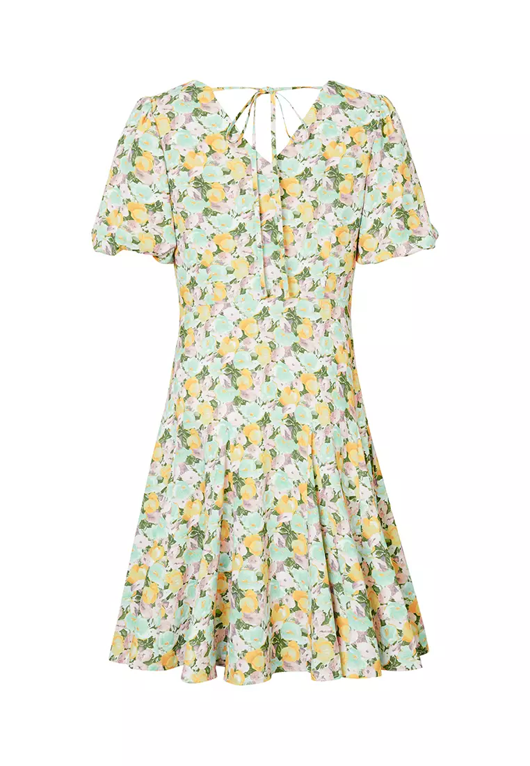 Puff Sleeve V-Neck Floral Midi Dress with Ruffled Flounce