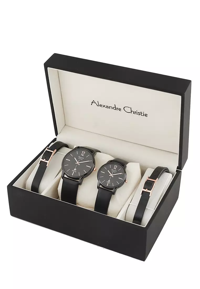 Alexandre Christie Jam Tangan Couple - Black Rosegold - Leather Strap - 8669 M/LDLIPBARG