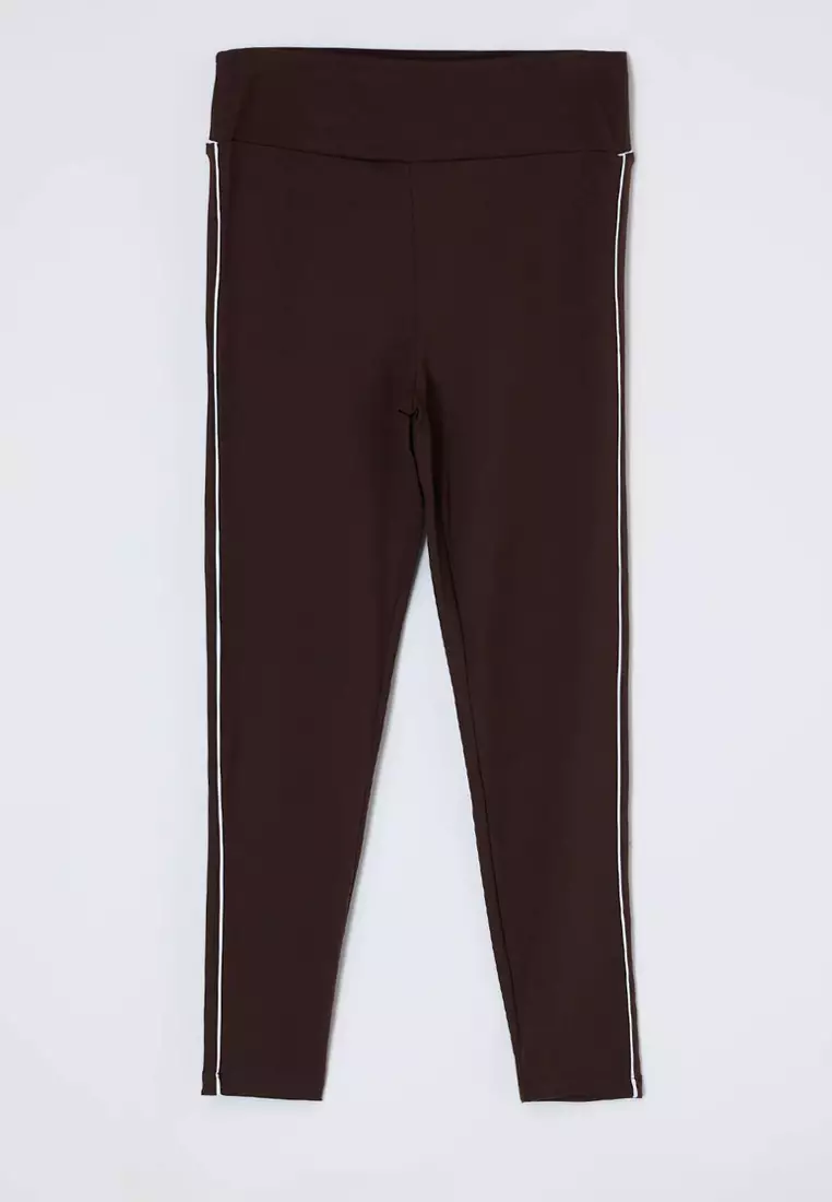 Brown Soft Brushed Fabric Piping Detailed Flexible Knitted Plus Size Leggings Tbbss26Bv00001