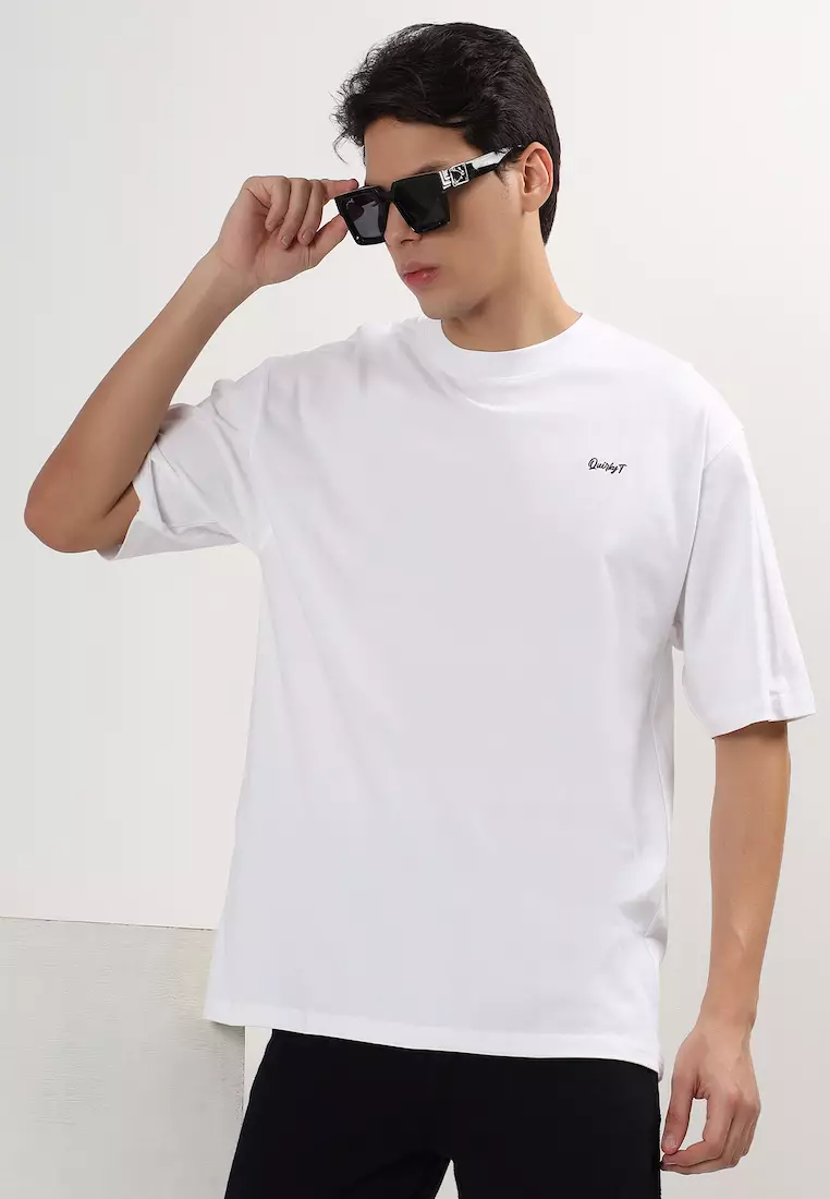 龙武士白色图案棉质宽松T恤/T恤，男士，圆领，短袖，街头潮流