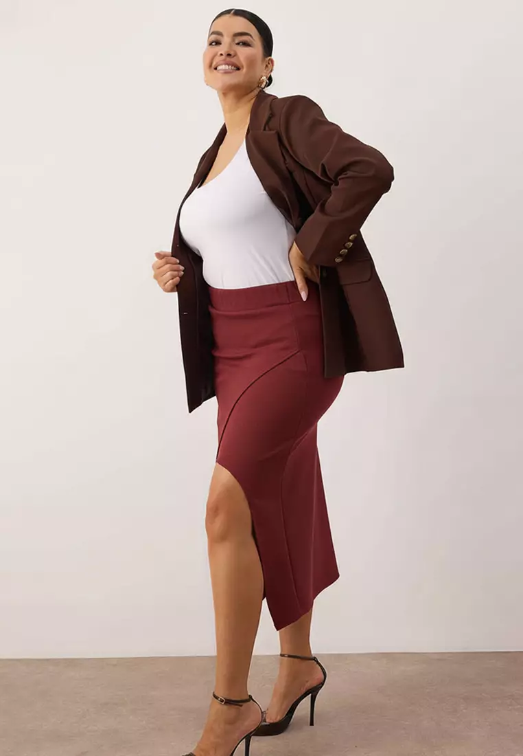 Burgundy Slit Detailed Knitted Stretchy Fabric Plus Size Midi Skirt Tbbaw26Az00023