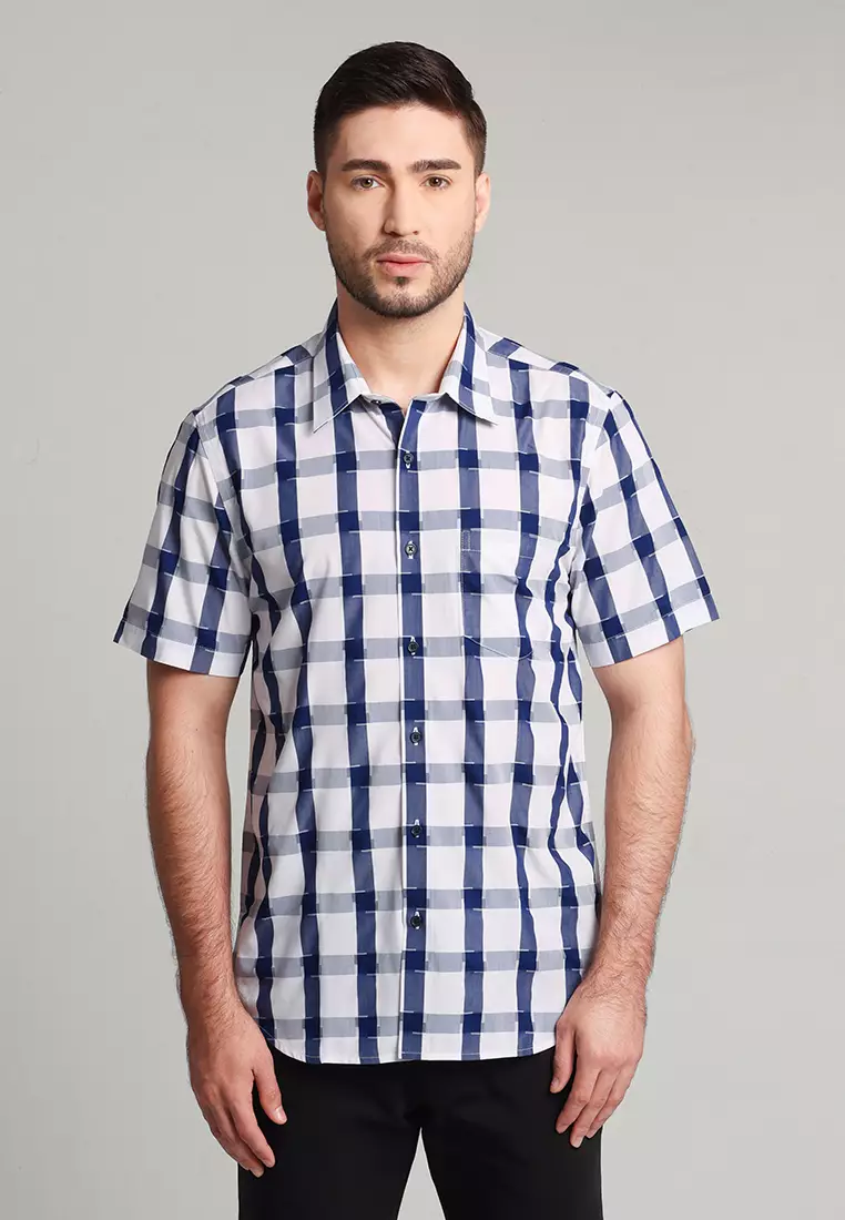 MOC - Kemeja Kotak-kotak Lengan Pendek Pria Zertta - Navy