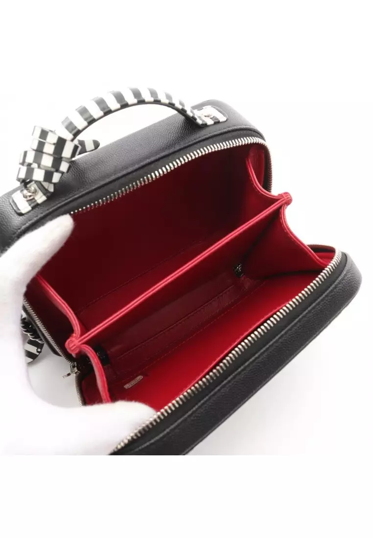 Pre-Loved Chanel CC filigree Small vanity bag chain shoulder bag Stripes Caviar skin black white silver hardware 2WAY