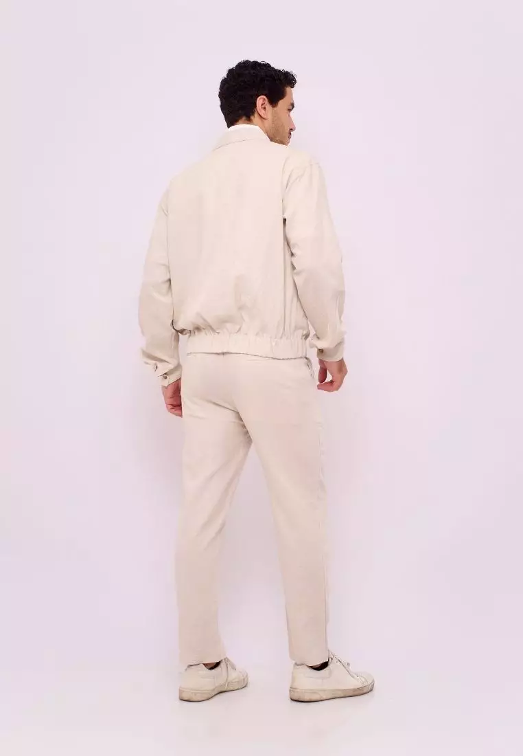 Aneto Bomber Jacket Linen Set Pria Warna Cream - Linen Bomber Set Men Cream