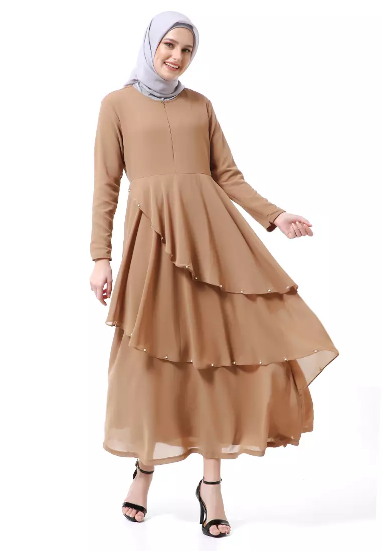 Shafira Dress Muslimah Long Sleeve Motif Polos Premium High Quality - Brown