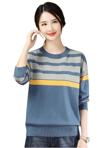 A-IN GIRLS blue Simple Striped Crew Neck Sweater 7DBD0AAD39481EGS_1