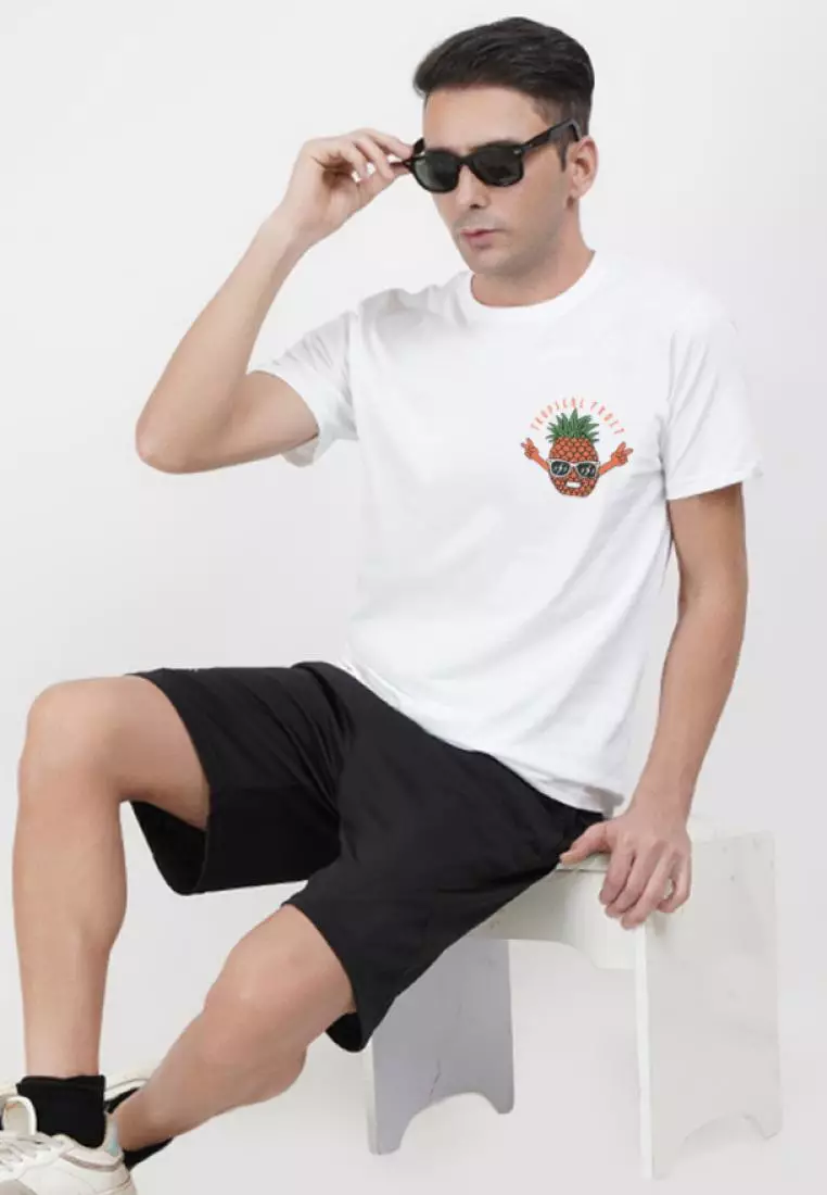 热带水果图案白色棉质短袖标准版型 T 恤