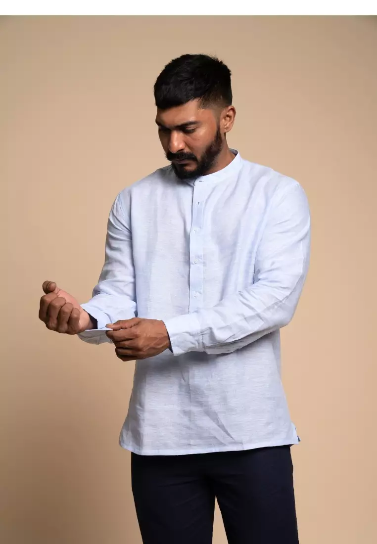 Paphos Kemeja Linen Lengan Panjang Pria Biru | Linen Long Sleeve Shirt Men Blue