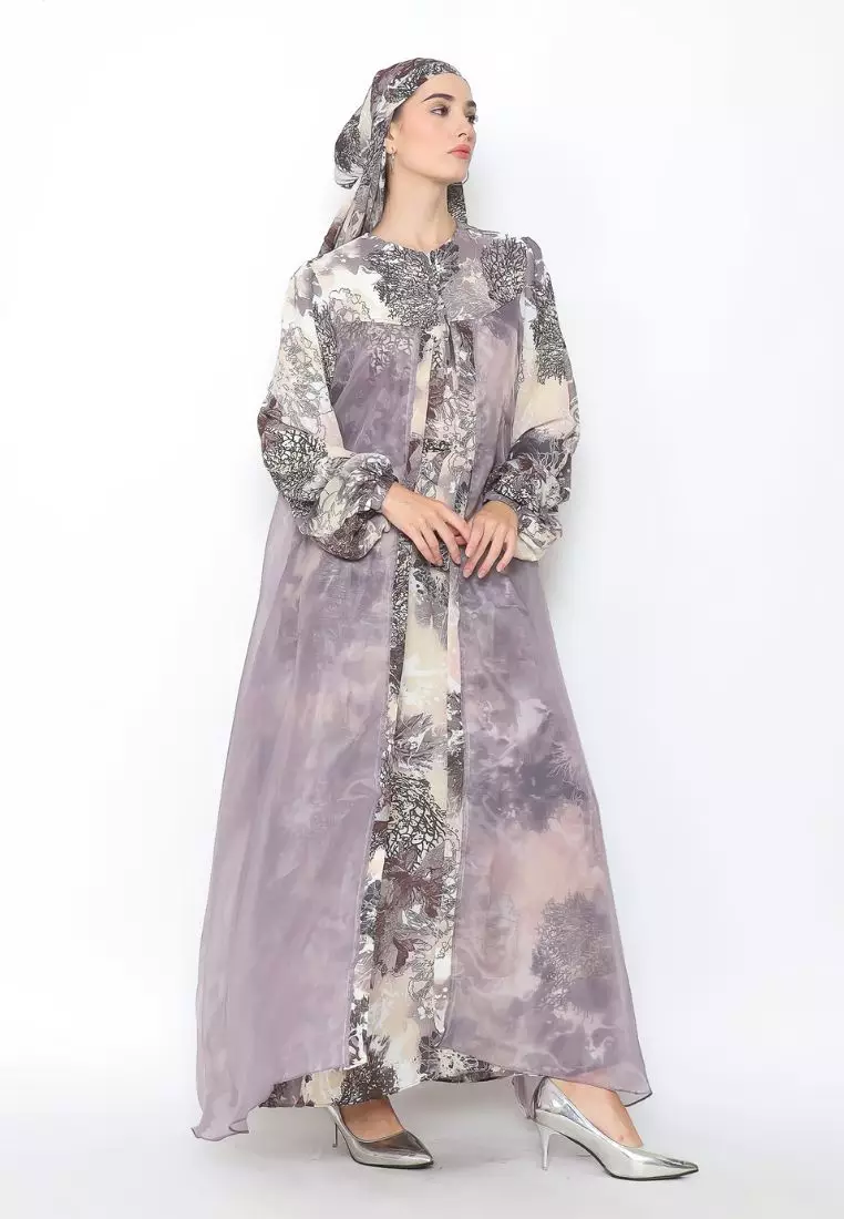 Rinjanie x Senorita  - Gamis Rosslen Cokelat - Gamis Set Scarf Raya - Gamis Set - Gamis Printing Mix Organza - Dress Raya - Dress mix organza - GMKY - CT