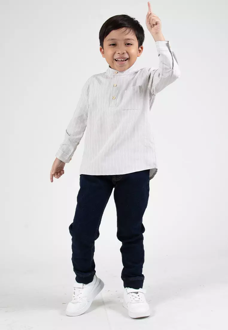 Forest Kids Boys Cotton Striped Long Sleeve Collar Shirt | Baju Kemeja Budak Lelaki Lengan Panjang - FK20262-05LtGrey