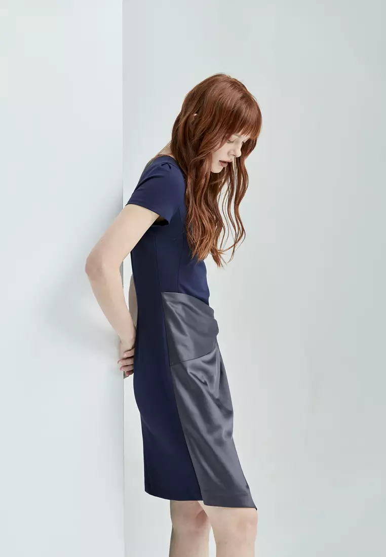 Navy Asymmetric Short Sleeve Dress