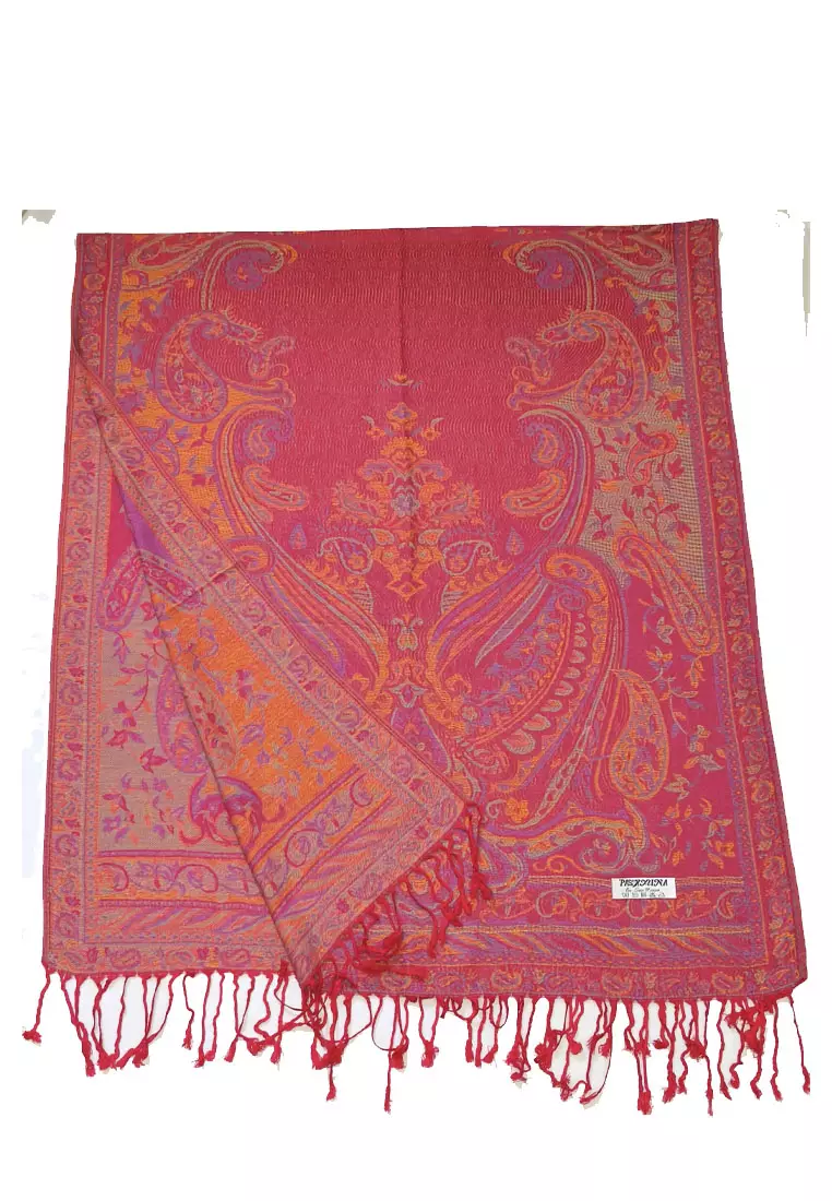 Aksesoris Wanita Reversible Viscose Full Paisley Pattern Pashmina Shawl Syal Wanita Ruby Sunset