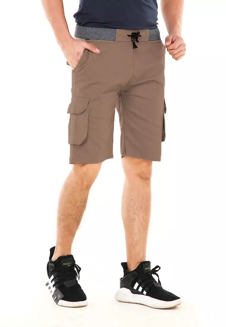 Rishham Celana Pendek Cargo Pria Button Pockets Sporty Short Pants Material Cotton ORIGINAL - Mocca