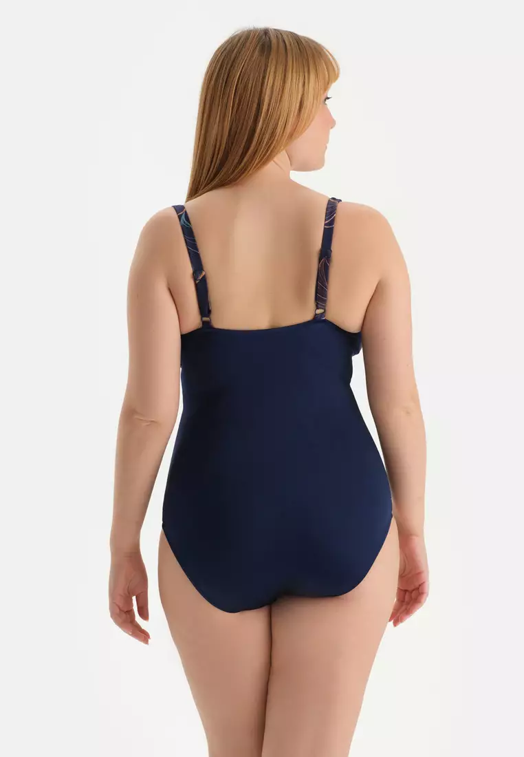 Navy Minimizer Swimsuit, Leaf Printed, Minimizer, Full-Cup, Non-wired, Swimwear for Women