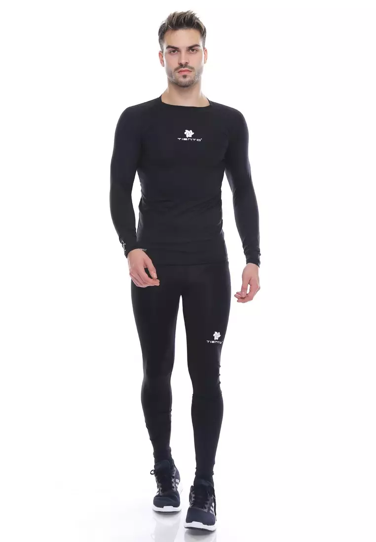 Tiento Man Baselayer Baju Ketat Manset Olahraga Pria Long Sleeve Black White Rashguard Sport Original
