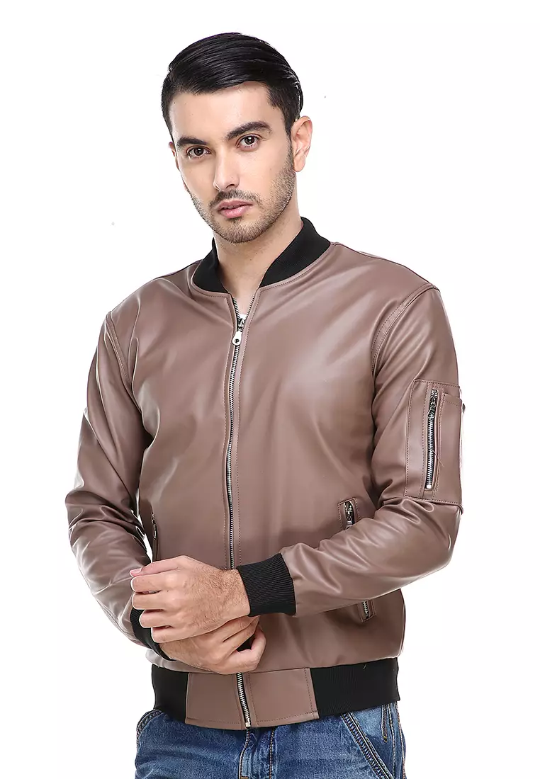 Clover Jaket Bomber Pria Now Ori Soft Material Leather Kulit ORIGINAL - Mocca