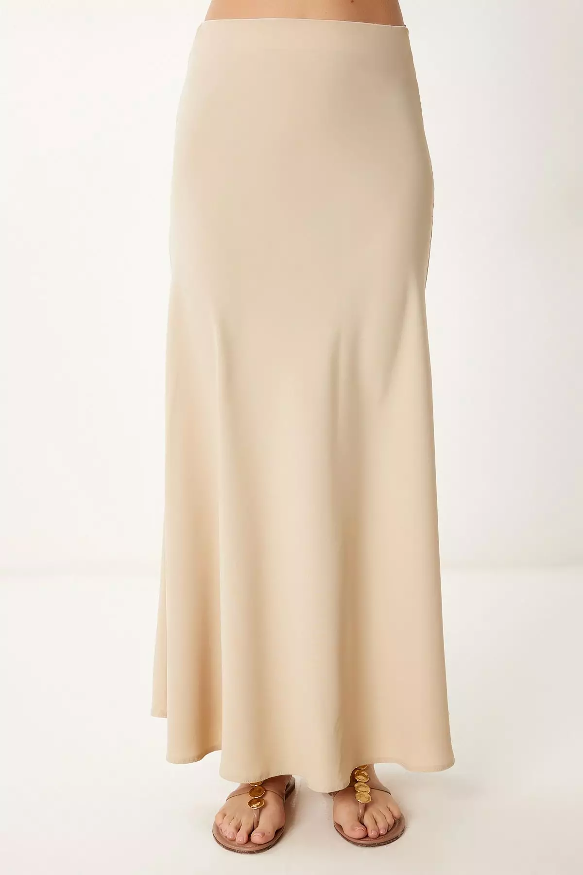 Women's Beige A-Line Draped Long Woven Skirt Gk00019